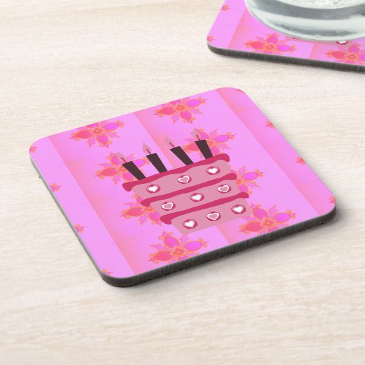 Roze Verjaardag Cake Art Print Onderzetter (Linkerzijde)