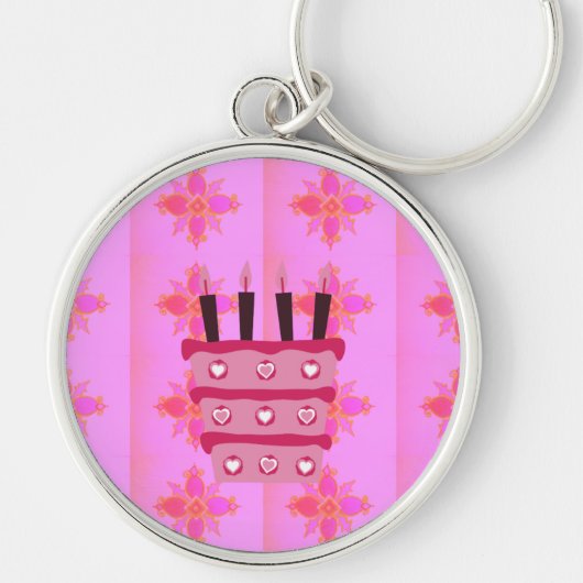 Roze Verjaardag Cake Art Print Sleutelhanger (Voorkant)