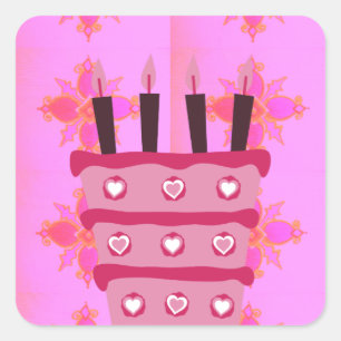 Roze Verjaardag Cake Art Print Vierkante Sticker