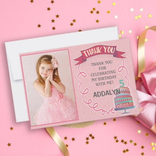 Roze Verjaardag en Cake Foto Dank u Kaart