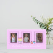 Roze verjaardag fotokaart aankondiging (Staand voorkant)