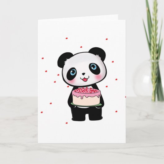 Roze Verjaardag Panda Beer met Cake Fan Enthusiast Kaart (Voorkant)