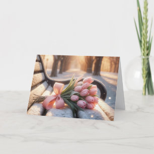 Roze verjaardags tulpen op een besneeuwde bank kaart