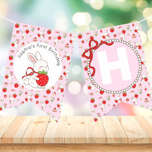 Roze verjaardagsbanner met konijn vlaggetjes