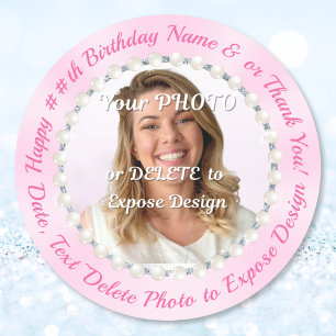 Roze, Verjaardagssticker met Naam en Foto Ronde Sticker