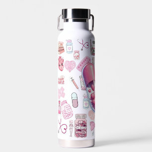 Roze verpleegster medische pictogrammenpatroon wat waterfles
