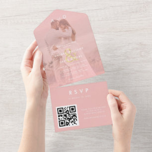 Roze Vervaagde Foto Gouden Ampersand & QR Code Huw All In One Uitnodiging