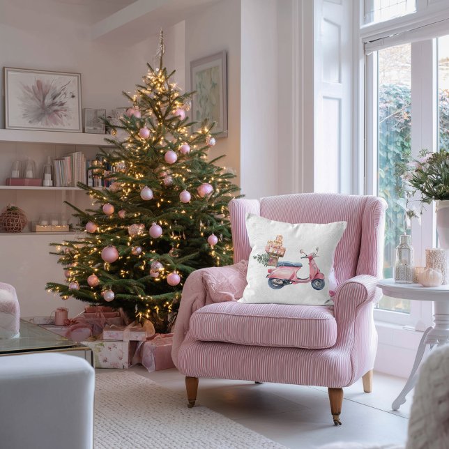 Roze Vespa Kerstshoppingtrip Kussen (Pink Vespa Christmas shopping trip pillow )