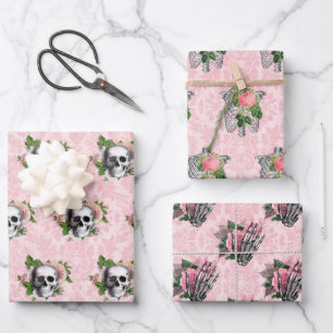 Roze Victoriaans Gotisch Glam Skelet en Damask Inpakpapier Vel