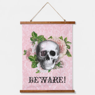 Roze Victoriaans Gotische Schedel Halloween Pas op Hangend Wandkleed
