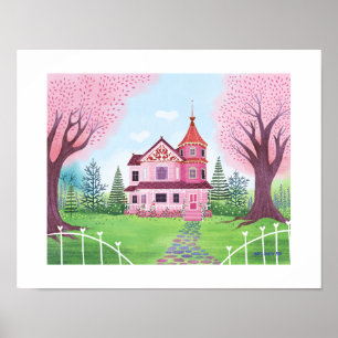 Roze Victoriaans Huis & Cherry Blossom Art Print