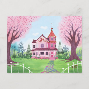 Roze Victoriaans Huis & Kersenbloesem Briefkaart