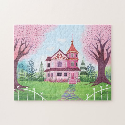 Roze Victoriaans Huis & Kersenbloesem Legpuzzel (Horizontaal)