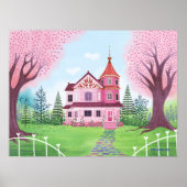 Roze Victoriaans Huis & Kersenbloesem Poster (Voorkant)