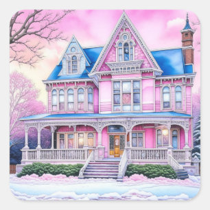  Roze Victoriaans Huis met Kerstmis Vierkante Sticker
