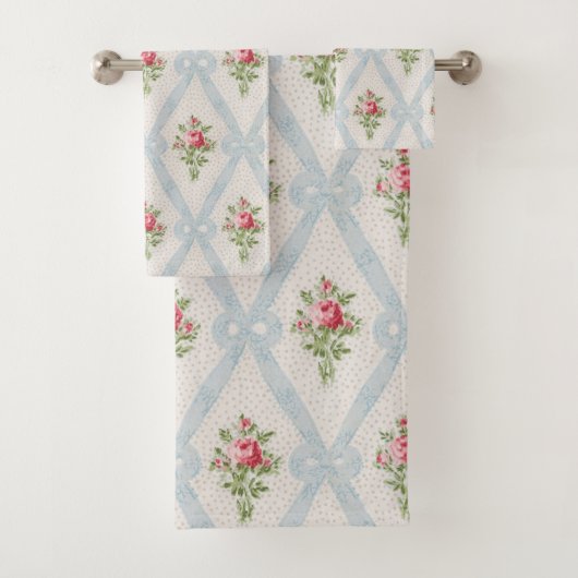Roze Victoriaans Rozen met blauw lintrooster Bad Handdoek (Insitu)