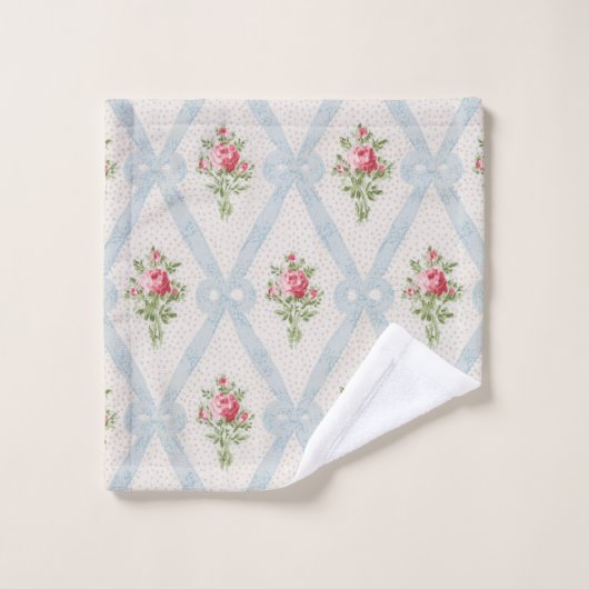 Roze Victoriaans Rozen met blauw lintrooster Bad Handdoek (Wasdoekje)