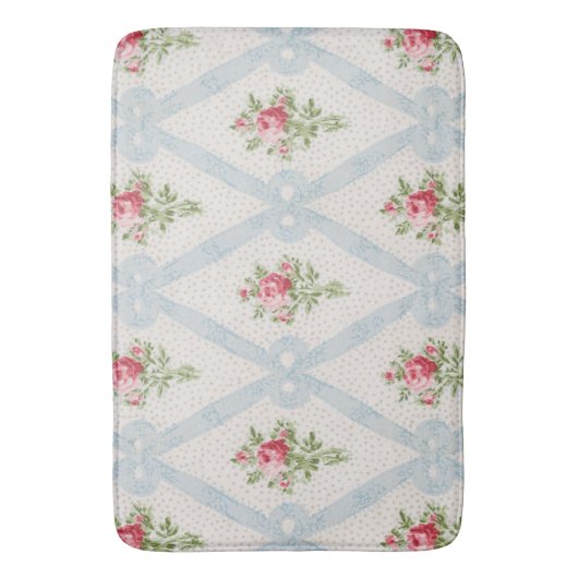 Roze Victoriaans Rozen met blauw lintrooster Badmat (Voorkant Verticaal)