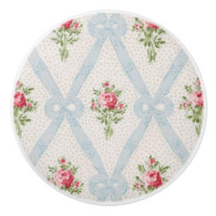 Roze Victoriaans Rozen met blauw lintrooster Keramische Knop