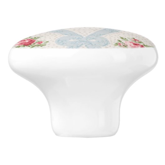 Roze Victoriaans Rozen met blauw lintrooster Keramische Knop (Zijkant)