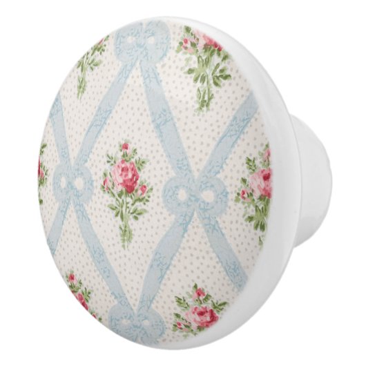 Roze Victoriaans Rozen met blauw lintrooster Keramische Knop (Rechts)