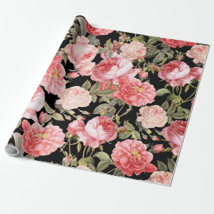 Roze Victoriaans Rozen op zwart patroon Cadeaupapier