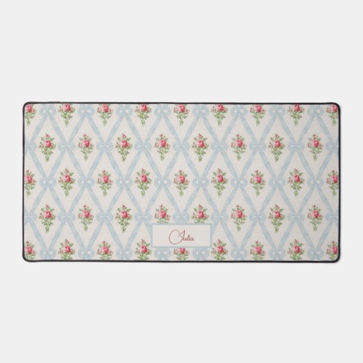Roze Victoriaans Rozen w/Blue Lintrooster/Naam Bureaumat (Voorkant)