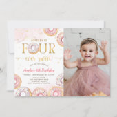 Roze Vier Ooit Zoete Donut 4e Verjaardag Foto Kaart (Voorkant)