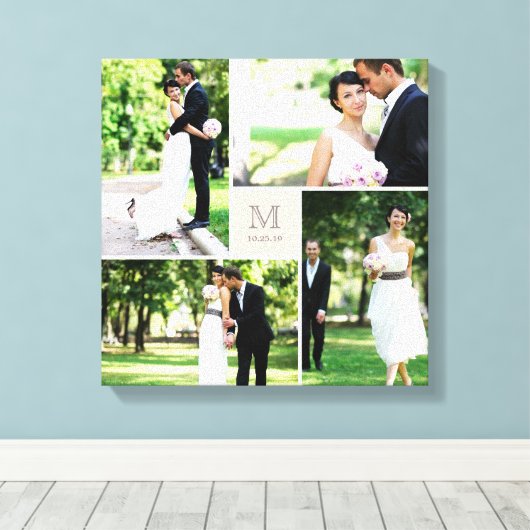 Roze Vierkant Grid Monogram Bruiloft 4 Fotocollage Canvas Afdruk (Insitu (Houten vloer))