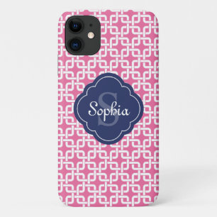 Roze vierkant patroon Blauw Monogram iPhone 11 Hoesje