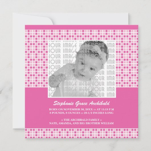 Roze vierkant Pattern Geboorteaankondiging Aankondiging (Voorkant)