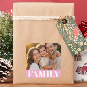 Roze vierkante sticker met familiefoto