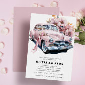Roze Vintage Auto Modern Vrijgezellenfeest Kaart