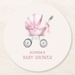Roze Vintage Babywagen Baby Shower Ronde Kartonnen Onderzetter