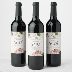 Roze Vintage Bloemen 50e Verjaardag Wijn Etiket