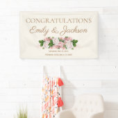 Roze Vintage Bloemen Bruidspaar Bruiloftfeest Spandoek (Insitu)