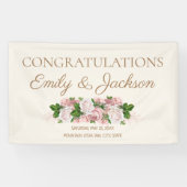 Roze Vintage Bloemen Bruidspaar Bruiloftfeest Spandoek (Horizontaal)