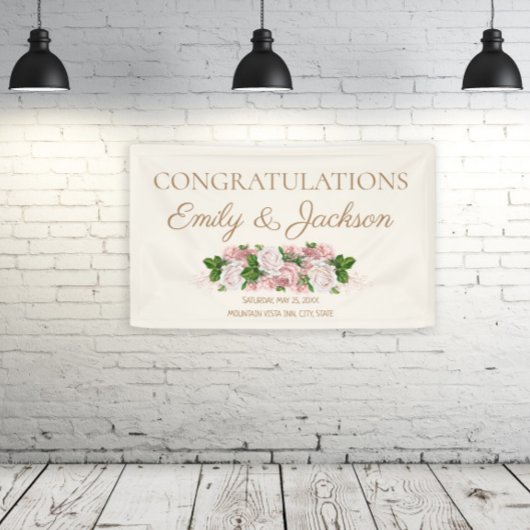 Roze Vintage Bloemen Bruidspaar Bruiloftfeest Spandoek