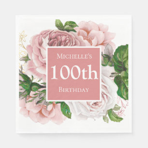 Roze Vintage Bloemen Groene 100e Verjaardag Servet