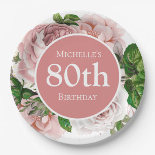 Roze Vintage Bloemen Groene 80e Verjaardag Papieren Bordje