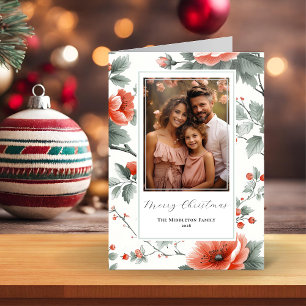 Roze Vintage Bloemengestikte Kerstkaart met Foto Feestdagen Kaart