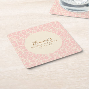 Roze Vintage Bloemrijke Script Bruiloftsshower Aan Vierkante Kartonnen Onderzetter