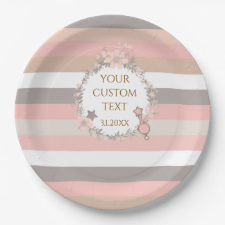 Roze Vintage Bloemstreep Baby Shower Papieren Bordje