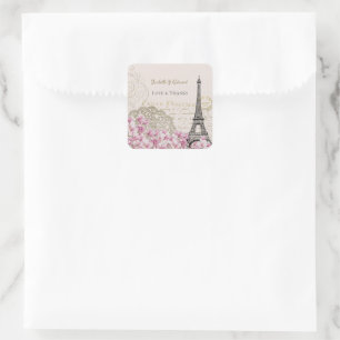 Roze Vintage Bloesem Paris Eiffeltoren Trouw  Vierkante Sticker
