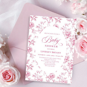 Roze Vintage Blush Toile Rozen Baby Shower Uitnodi Kaart