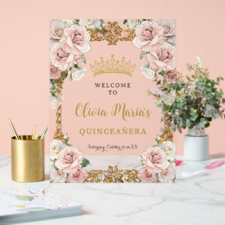 Roze vintage champagne bloem Quinceañera XV Acryl Bord
