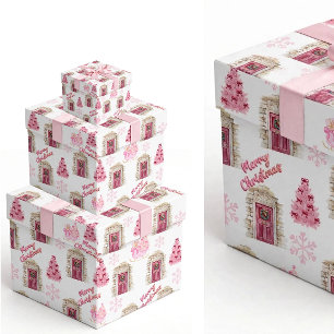 Roze Vintage Dorp Kerstmis Inpakpapier