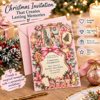 Roze Vintage Kerst Familie Feest Uitnodiging