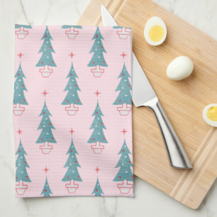 Roze Vintage kerstboom kerstpatroon Theedoek