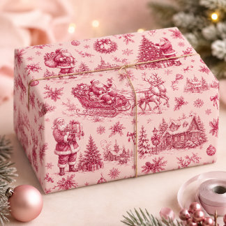 Roze Vintage Kerstman Slede Kerstmis Toile Cadeaupapier